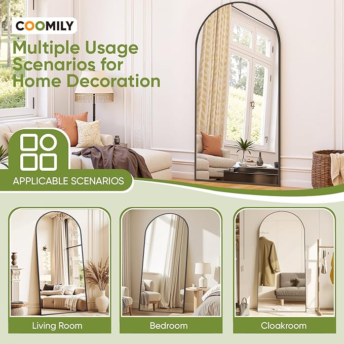Full-Length Floor Mirror with Stand, 78"x38" Arched Style Full Body Standing Mirror for Bedroom, Living Room, Gym, Dorm - Shatter-Resistant & Easy Assembly, Black
