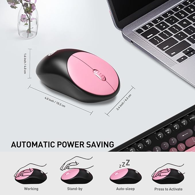 Wireless Keyboard and Mouse Combo, 2.4 GHz Wireless Full-Sized Typewriter Keyboard with Round Keycaps for Windows, Computer, Desktop, PC, Laptop (Pink)