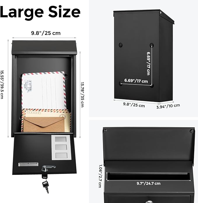 LAND·VOI Wall Mounted Mailbox with 4 Keys, Post Box for Wall and Fence, Viewing Windows, Nameplate, 3.94 x 9.8 x 15.6 Inches, Large Capacity, Includes Mailbox Numbers, Matt Black, AMB31B