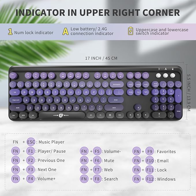 FOPETT Wireless Keyboard and Mouse Combo - 2.4G Full-Sized Cute Colorful Mouse and Keyboard with 104 Round Keys Retro Typewriter Keyboard for Laptop/Windows/PC - Purple Gradient
