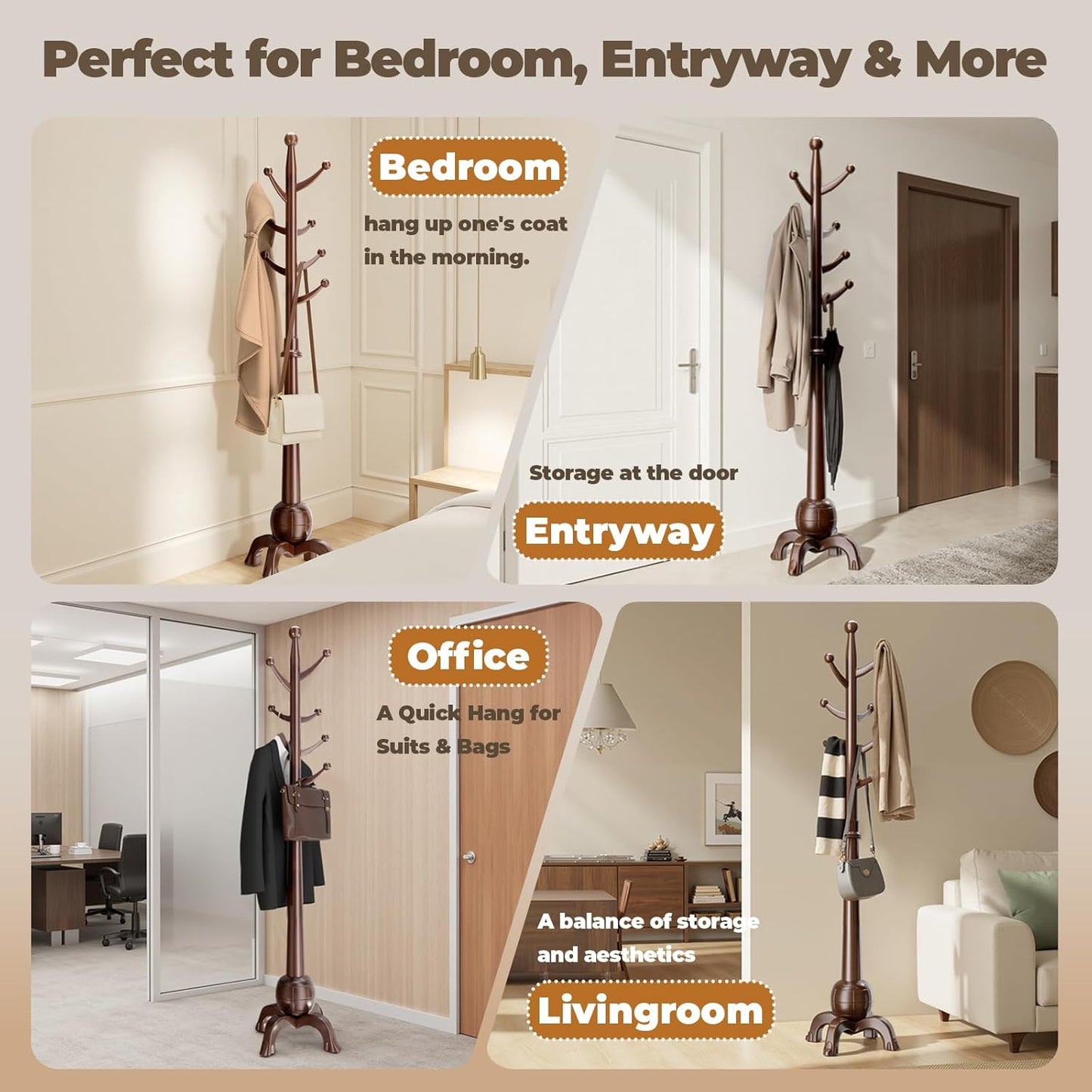 Wood Coat Rack Freestanding, Solid Wooden Hall Tree with 8 Hooks, Coat Tree Freestanding Heavy Duty with Stable Base, Entryway Hallway Bedroom Office Use, 240lbs Load Capacity H:71.6in (Walnut)