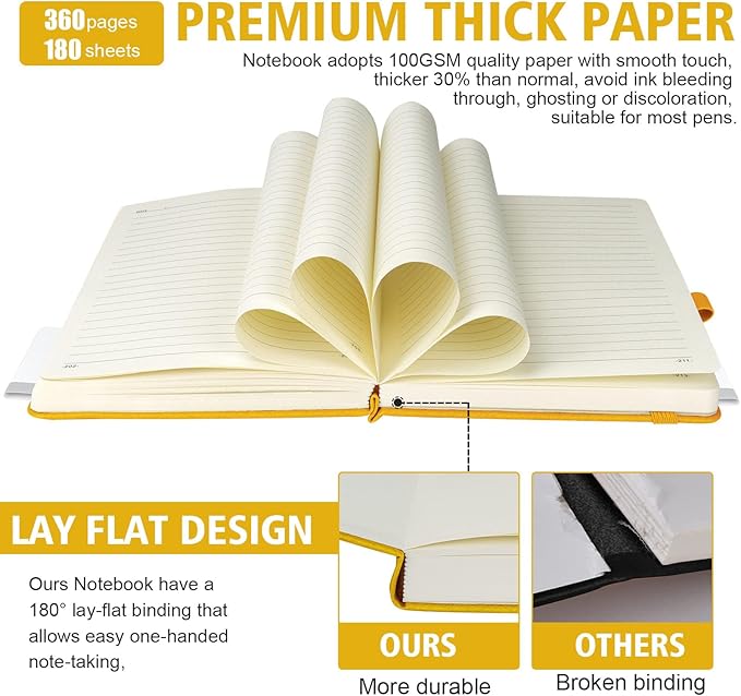 Lined Journal Notebook, 360 Numbered Pages(With page number), Thick Journal for Writing A5 College Ruled Notebook, 100gsm Lined Paper, Leather Hardcover, 5.75'' X 8.38''-1 Pack, Yellow