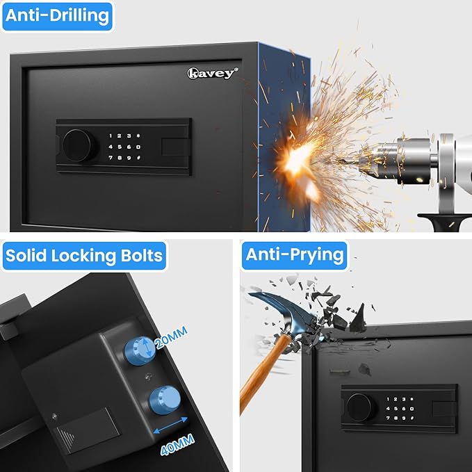 Kavey Home Safe with Backlit Touch Screen Keypad, Dual Alarm System, Fireproof, Mute Function, LED Light for Money Documents