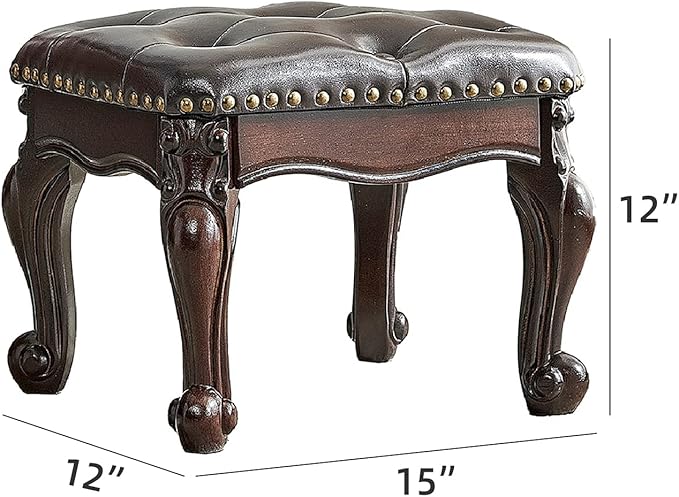 LEILISI Small Footstool Brown Leather Ottoman,Vintage Carved Upholstered Footrest, Rubber Wooden Foot Rest Stool Sofa Stool (Black-Brown)