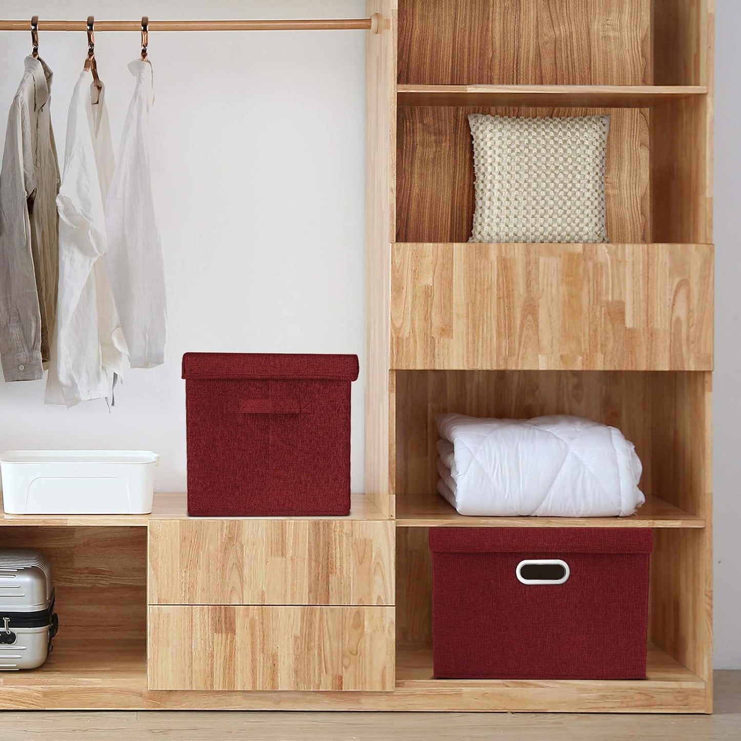 TYEERS Large Collapsible Storage Bins with Lids, Organization Bins for Closet Storage, Clothes Storage, Folding Storage Box with Lids for Home Office Storage - 5 Pack - Red Wine