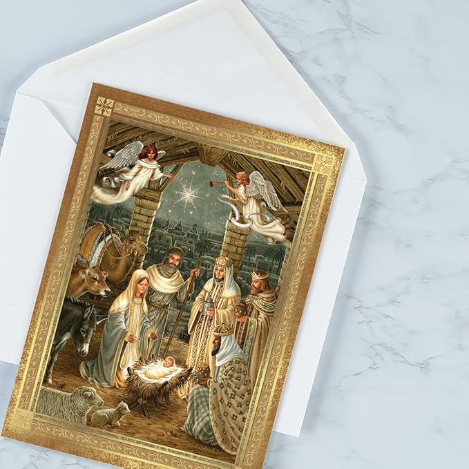 Current Golden Nativity Deluxe Personalized Religious Christmas Cards with Envelopes - Set of 14 Large 5" x 7" Folded Faith Cards, Sentiments Inside, Add Names & Text
