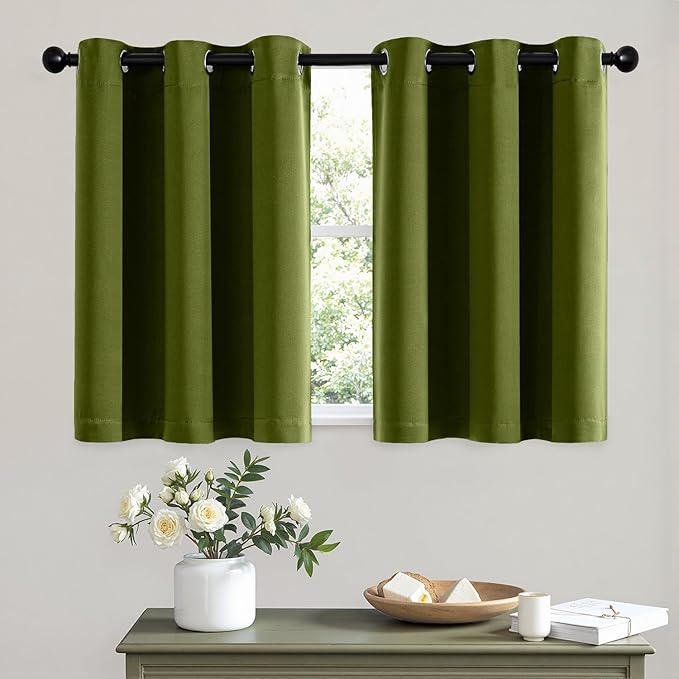 MIULEE Short Curtains for Windows - Light Olive Green Blackout Half Window Curtains Thermal Insulated Privacy Drapes for Kitchen Bedroom Bathroom Grommet Small Basement Tiers W40 x L36 Inch 2 Panels