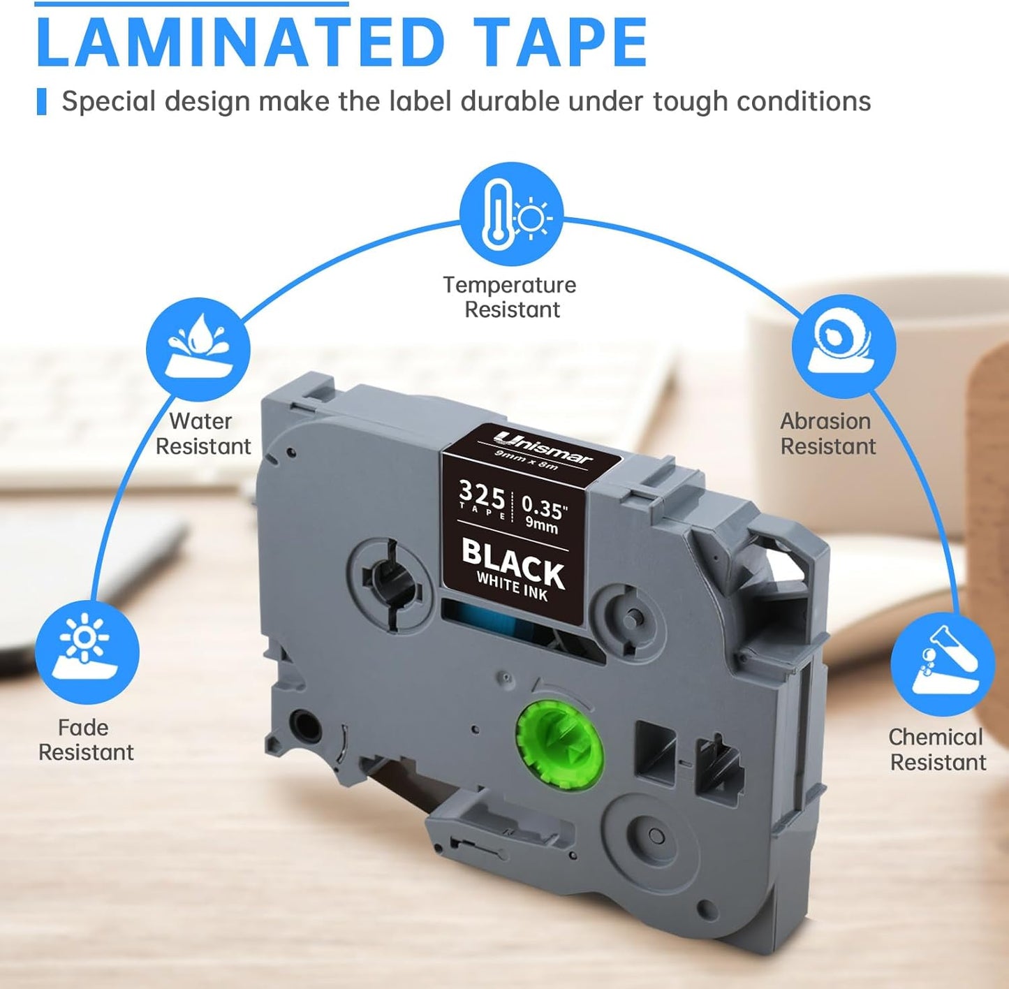 Unismar TZe-325 Compatible for Brother Ptouch 9mm 0.35 Laminated White on Black Label Tape TZ325 TZ Tape Work for Label Maker PTD220 PTD200 PTD210 PTD400 PTH100 PTH110 PT1280, 3/8'' x 26.2', 4-Pack