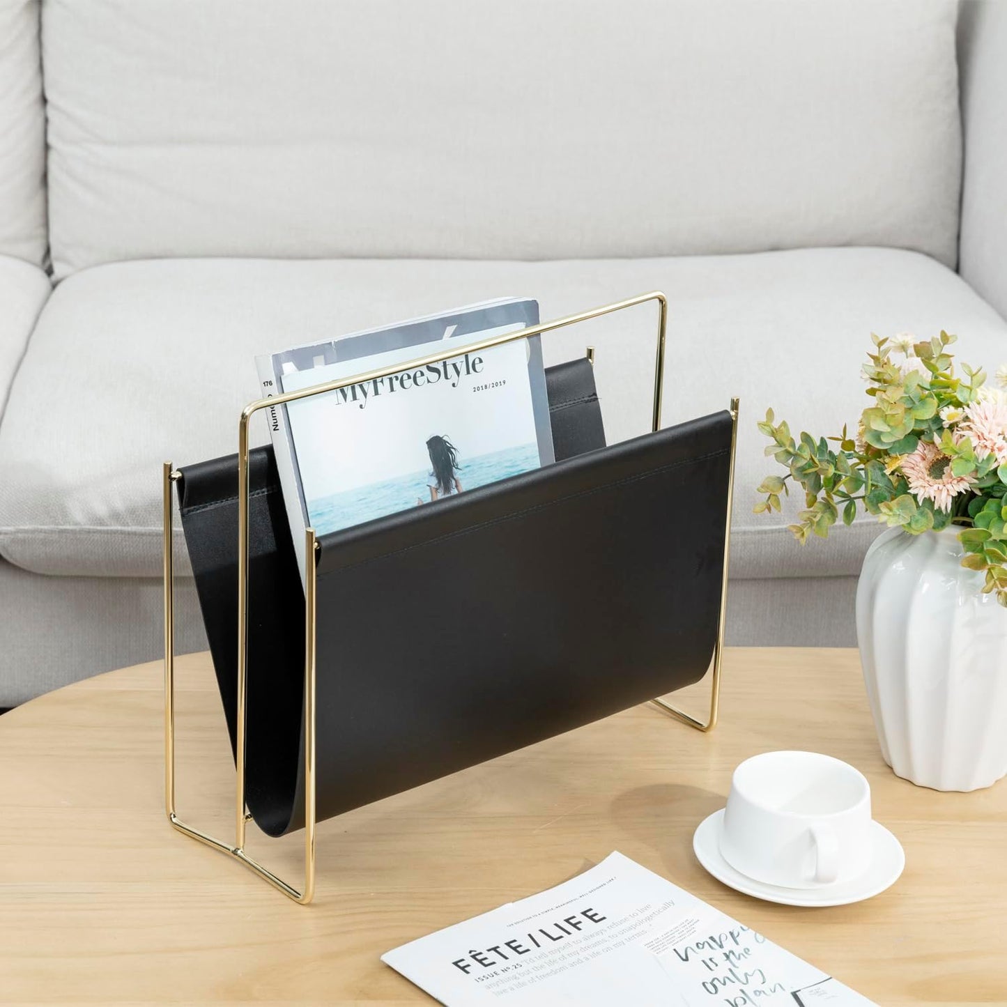MyGift 15-Inch Modern Black Leatherette & Brass Plated Metal Magazine Holder – Floor Standing Faux Leather Sling Style Newspaper Rack for Home, Bathroom, Office Decor