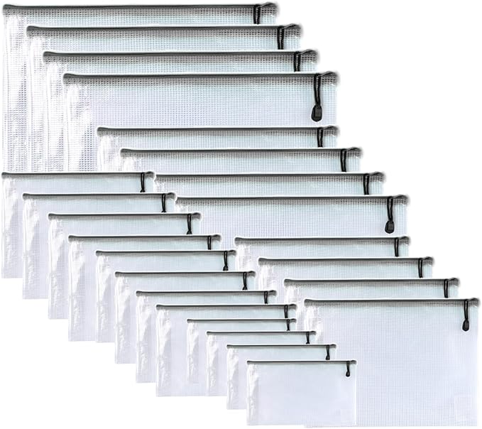 Oaimyy-24 Pcs Plastic Mesh Zipper Pouch Document Folders Bag Zip File Folders for School Office Supplies, Travel,Puzzles Games Organizing Storage-Black (MultiSize)