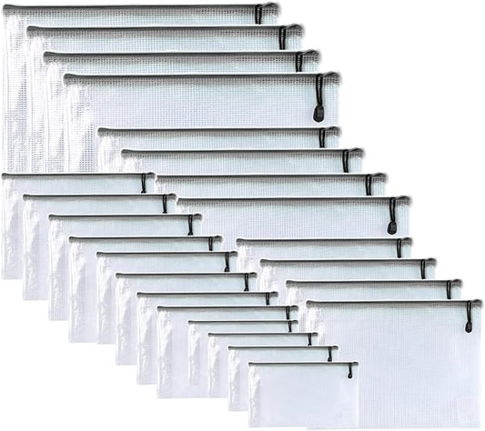 Oaimyy-24 Pcs Plastic Mesh Zipper Pouch Document Folders Bag Zip File Folders for School Office Supplies, Travel,Puzzles Games Organizing Storage-Black (MultiSize)