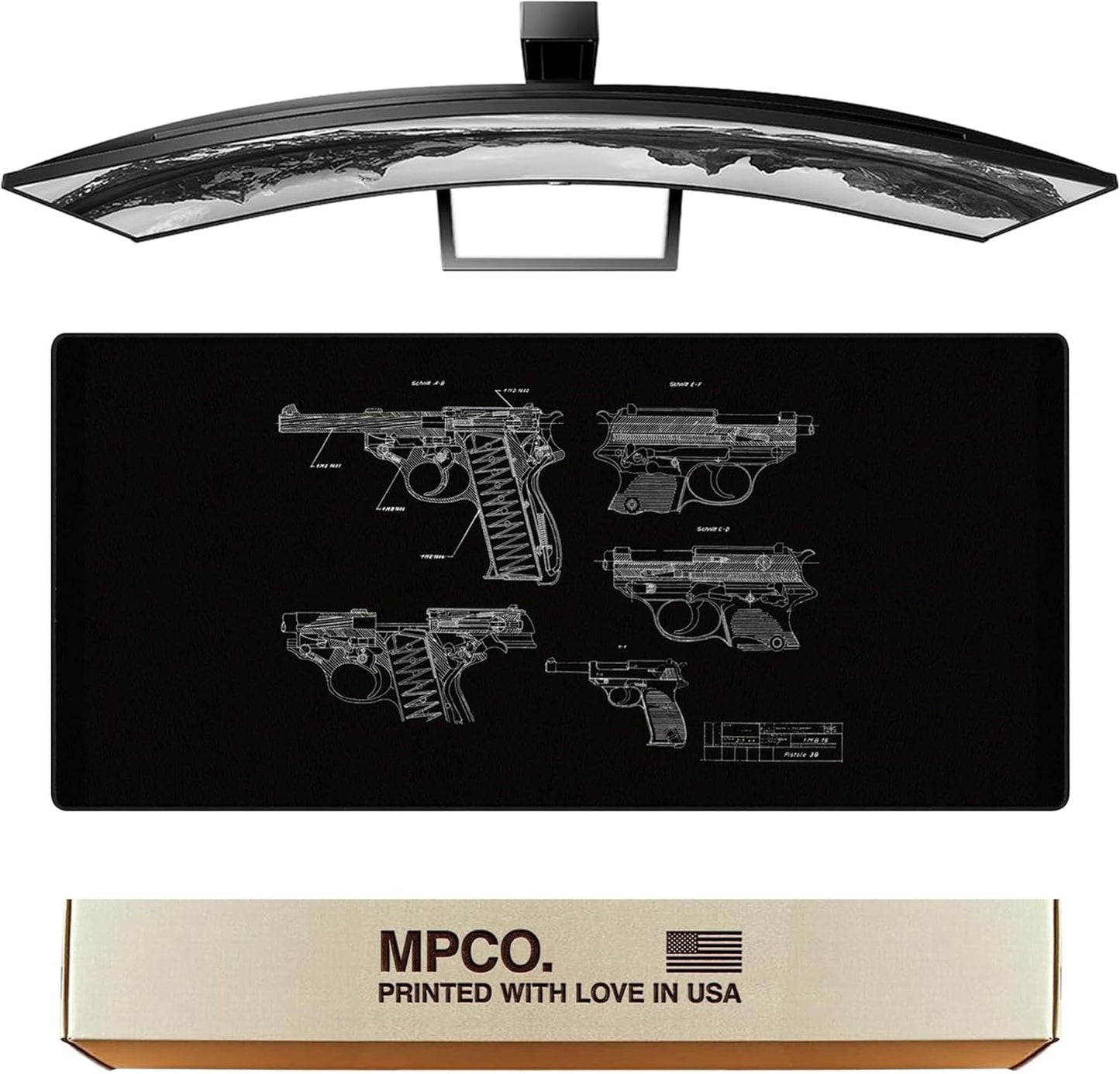 MPCO. Blueprints Large Gaming Desk Pad - 36" x 17" Aeroglyde Fabric Pistol 38 – Black Desk Mats - Non-Slip, Washable, Smooth Glide for Precision Gaming & Work