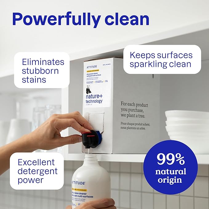 ATTITUDE All Purpose Cleaner Spray, EWG Verified, Vegan, Made with 94% Plant-Based Ingredients, Streak-Free for Kitchen, Bathroom, Glass & More, Unscented, 27.1 Fl Oz