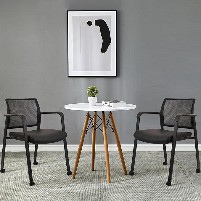 CLATINA Stacking Office Chair with Wheels, Mesh Back Waiting Room Guest Chairs with Arms Comfortable Leather Cushion Stackable Desk Chair for Conference Reception School Side Stationary, Black, 4PK