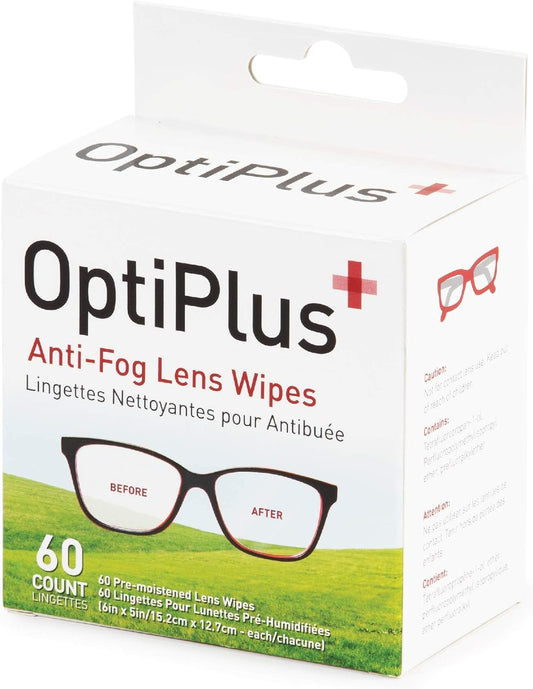 OptiPlus Anti Fog Lens Wipes l Pre-Moistened l Cleaning Wipes for Glasses, Laptops Screens, Smart Phones, Optical Lens, Goggles, Watch Screen and More l Defogging, Quick-Dry & Scratch-Free l 60 Count