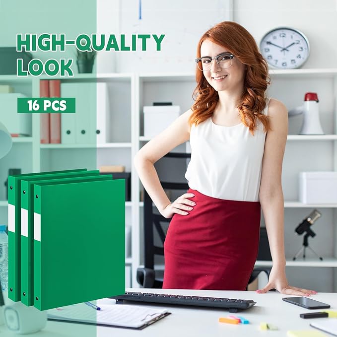 Henoyso 16 Pcs 3 Ring Binder 1/2'' Round Fits Letter Size 8. 5'' x 11'' Paper Plastic Flexible Binder Holds 100 Sheets with 1 Pockets Versatile Organizer for Office Home School (Green)