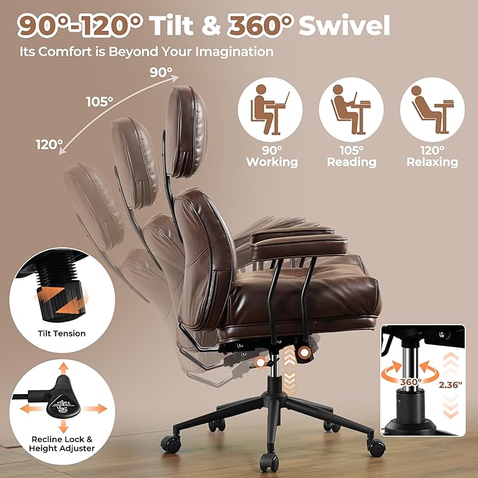 ovios Home Office Chair, Mid-Century Modern Faux PU Leather Chairs with Lumbar Support Comfy Thick Cushion, High Back Ergonomic Swivel Rolling Executive Armchair (Dark Brown, PU Leather)