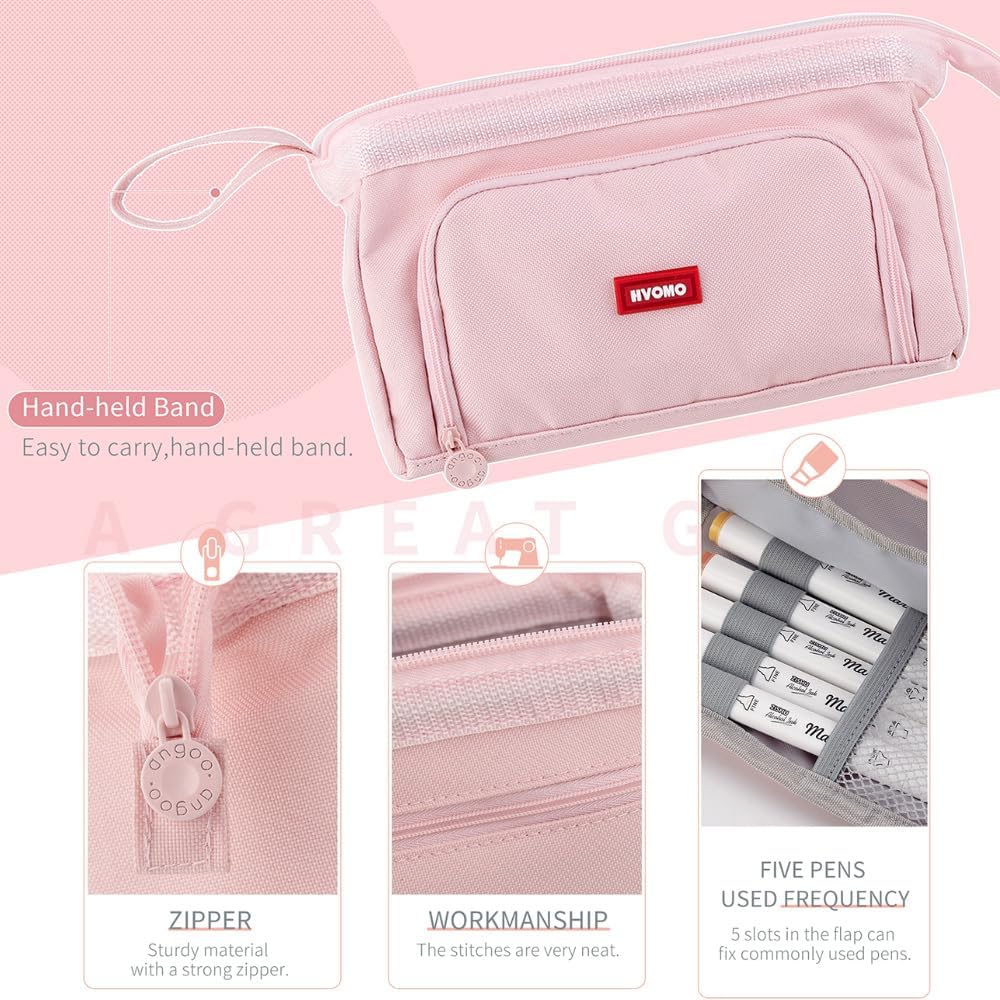 HVOMO Stationery Set,1 large-capacity pencil case,5 quick-drying pens,50 waterproof stickers,2 sticky note pads(200 sheets),1 set of 10-color index labels (200 sheets),Student stationery gift(Pink)