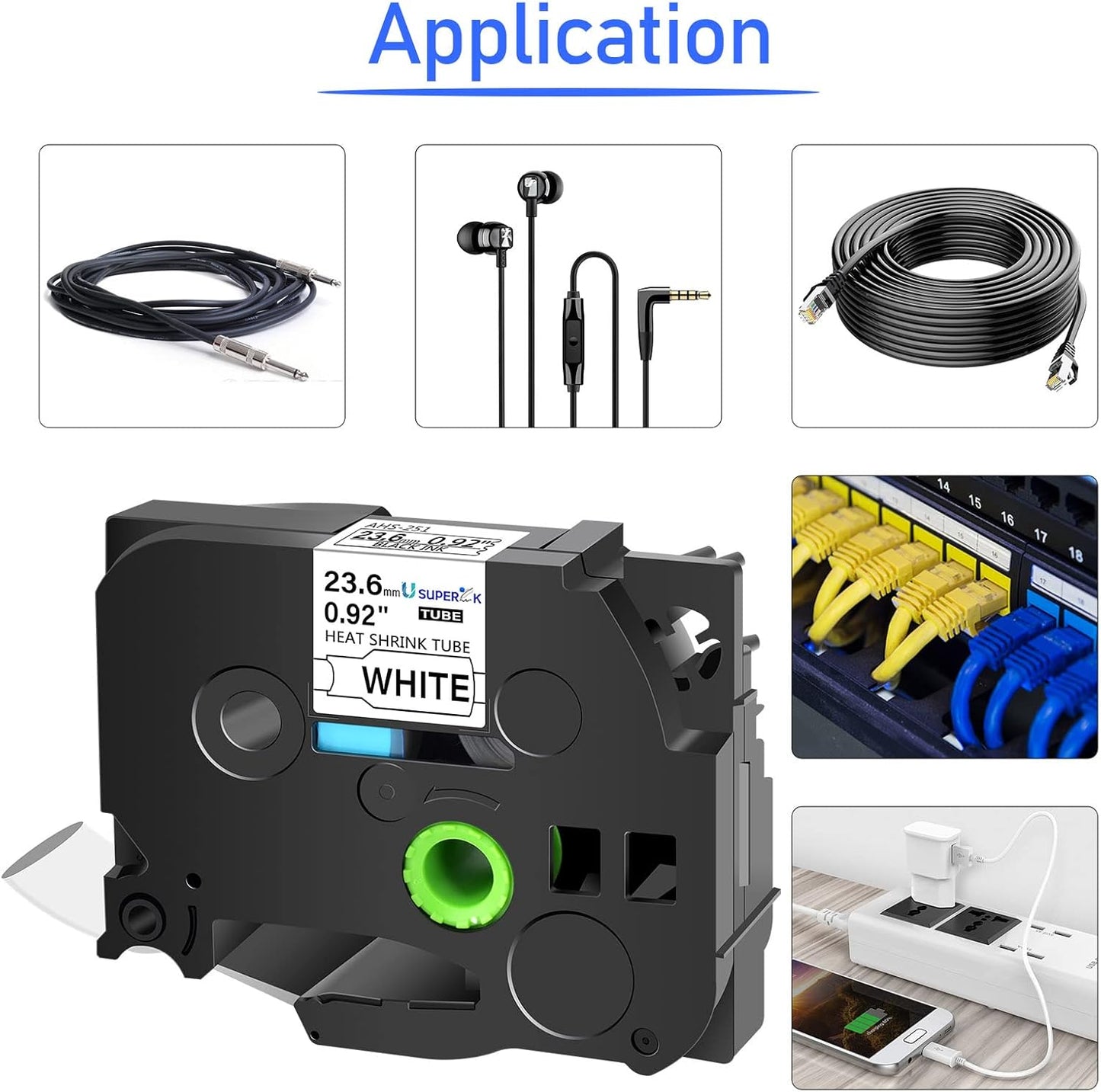 USUPERINK 5PK Compatible for Ptouch HSe-251 HSe251 HS-251 HS251 23.6mm 1 inch Black on White Heat Shrink Tube Label Tape for PT-D600 E500 E500VP E550W PT-P700 PT-P750WVP Label Maker