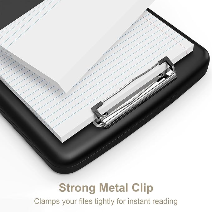 Piasoenc Clipboard with Storage, 8.5 x 11 Organization Box with Pen Holder and A4 Legal Paper Folder, Heavy Duty Plastic, Folio & Side-Opening, Low Profile Clip for Nurses, Teachers, Lawers, Black
