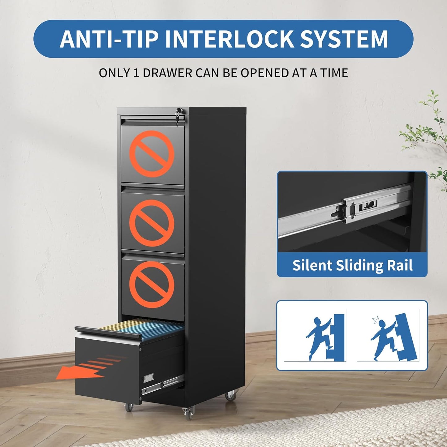 4 Drawer Mobile File Cabinet, Metal Filing Cabinet with Lock and Wheels, Home Office Rolling File Cabinets for Legal/Letter Hanging File Folders, Un-Assembled (Black)