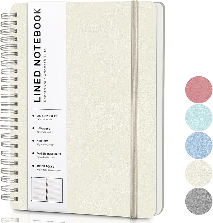 Lined Spiral Journal Notebook, A5 Hardcover Leather Notebook for Work, 5.7''×8.2'', 100GSM Thick Paper Spiral Bound Journaling Notebook for Women Men Office School Note Taking Business, Morandi Cream