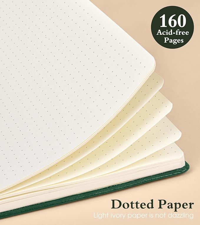 Dotted Journal Notebook for Women Men, 160 Pages Dot Grid Paper,Inner Pocket, A5 Hardcover Vintage Leather Notebooks for School, Work, Travel, Note Taking，Bullet Journaling 5.8"x8.5" (Green)