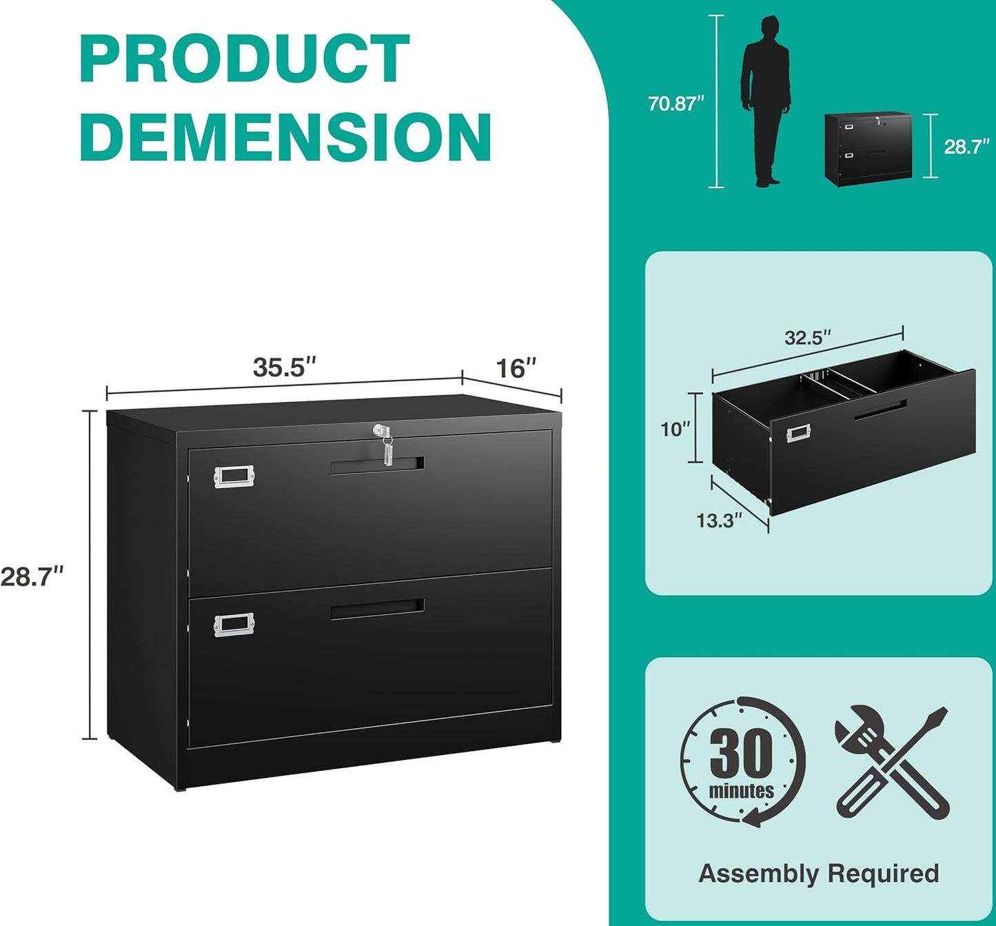 SISESOL 2 Drawer Lateral File Cabinet with Lock,Black Lateral Filing Cabinet,Horizontal Metal Filing Cabinets,Locked Wide Two Drawer File Cabinets for Office Home,Fit A4/F4/Letter/Legal File