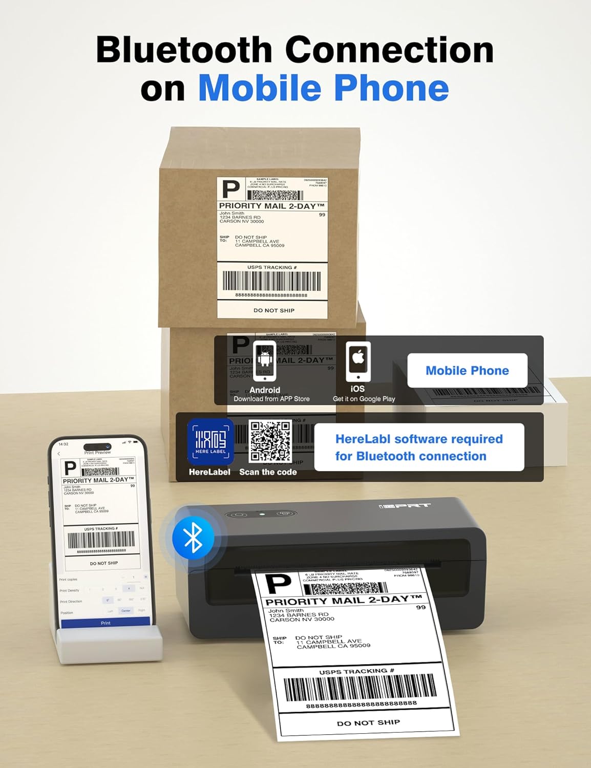 iDPRT Shipping Label Printer 4x6 Bluetooth Thermal Label Printer for Small Business and Shipping Package, Support Android, iPhone, Windows, macOS, Widely Used for Amazon, Shopify, Ebay