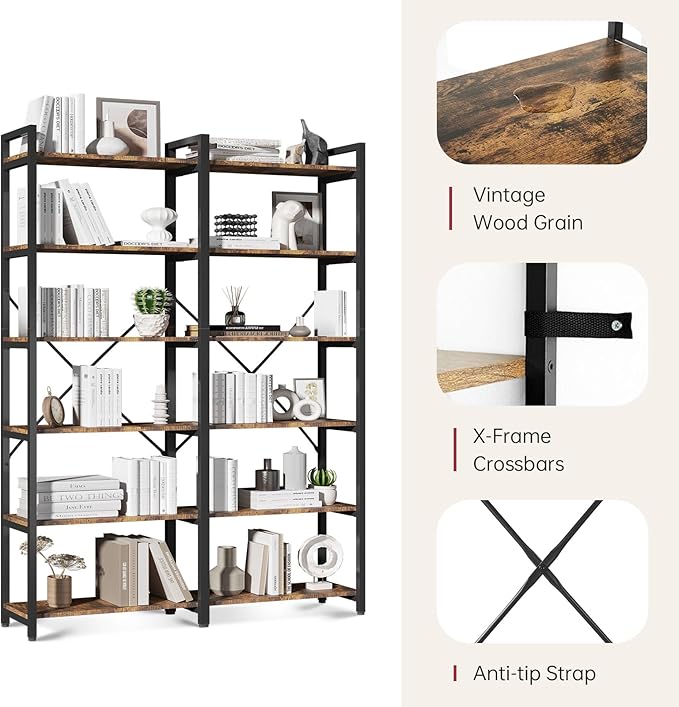 oneinmil 6 Tier Bookshelf Set of 2, 71.5'' Industrial Wood Bookshelves, Book Shelf with 12 Open Display Shelves & Metal Frame, Tall Bookcase for Home and Office, Rustic Brown