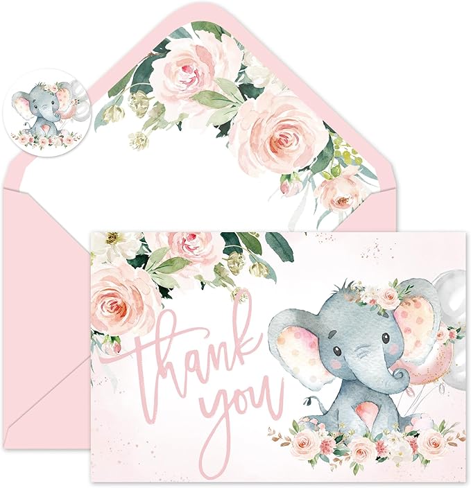 Whaline 24 Pack Baby Shower Thank You Cards Elephant Flower Greeting Cards with Envelopes Stickers Pink Floral Animal Blank Note Cards for Birthday Party Invitation Supplies, 4 x 6 Inch