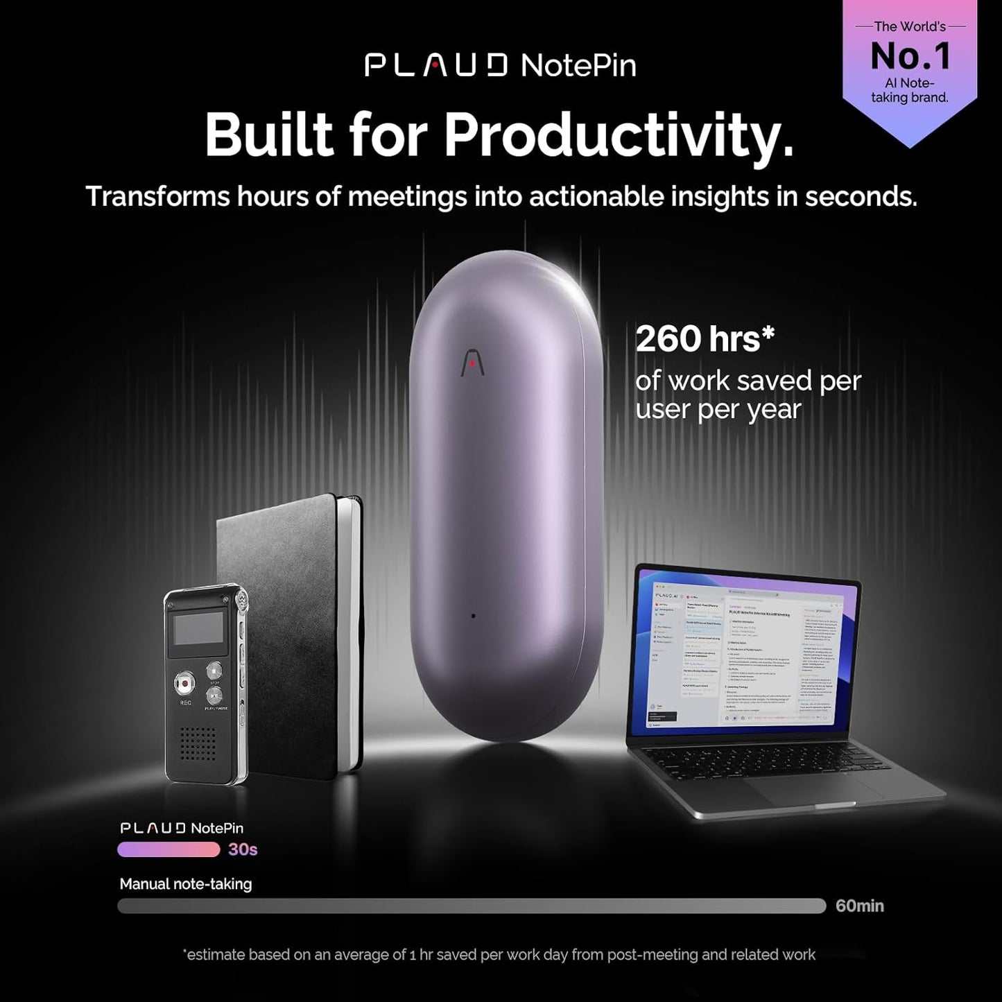 NotePin Voice Recorder, AI Voice Recorder, App Control, AI Notetaker, AI Transcribe & Summarize, Support 112 Languages, 64GB Memory, Audio Recorder for Lectures, Meetings, Sunset Purple