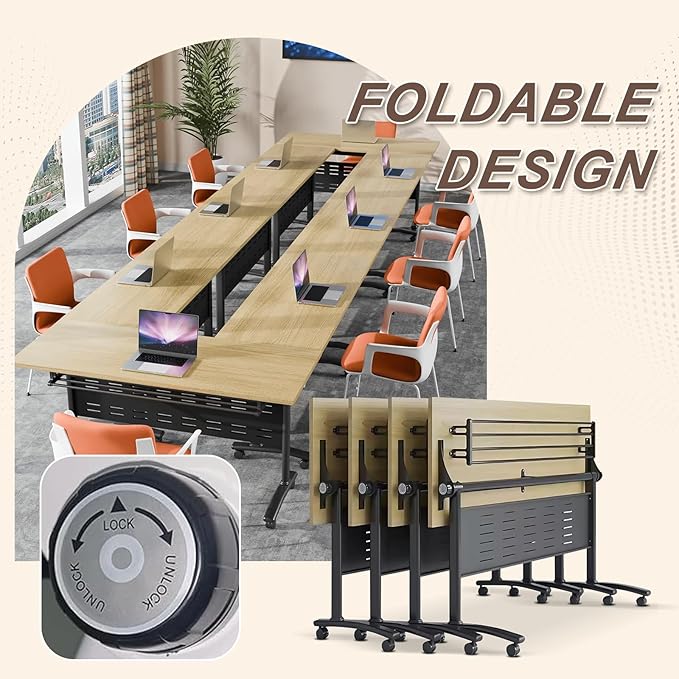 Folding Conference Room Table, Modern Conference Tables with Wheels, Large Rectangular Mobile Training Tables for Office Classroom, Foldable Modular Boardroom Seminar Table Maple (6pack L70.9in)