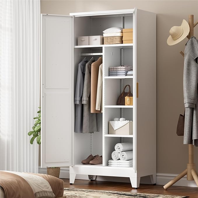 71" Tall Metal Wardrobe Closet with Adjustable Shelves and Hanging Rod, 2 Doors Office Storage Locker Cabinet for Home, Office, Bedroom, Laundry Room, White