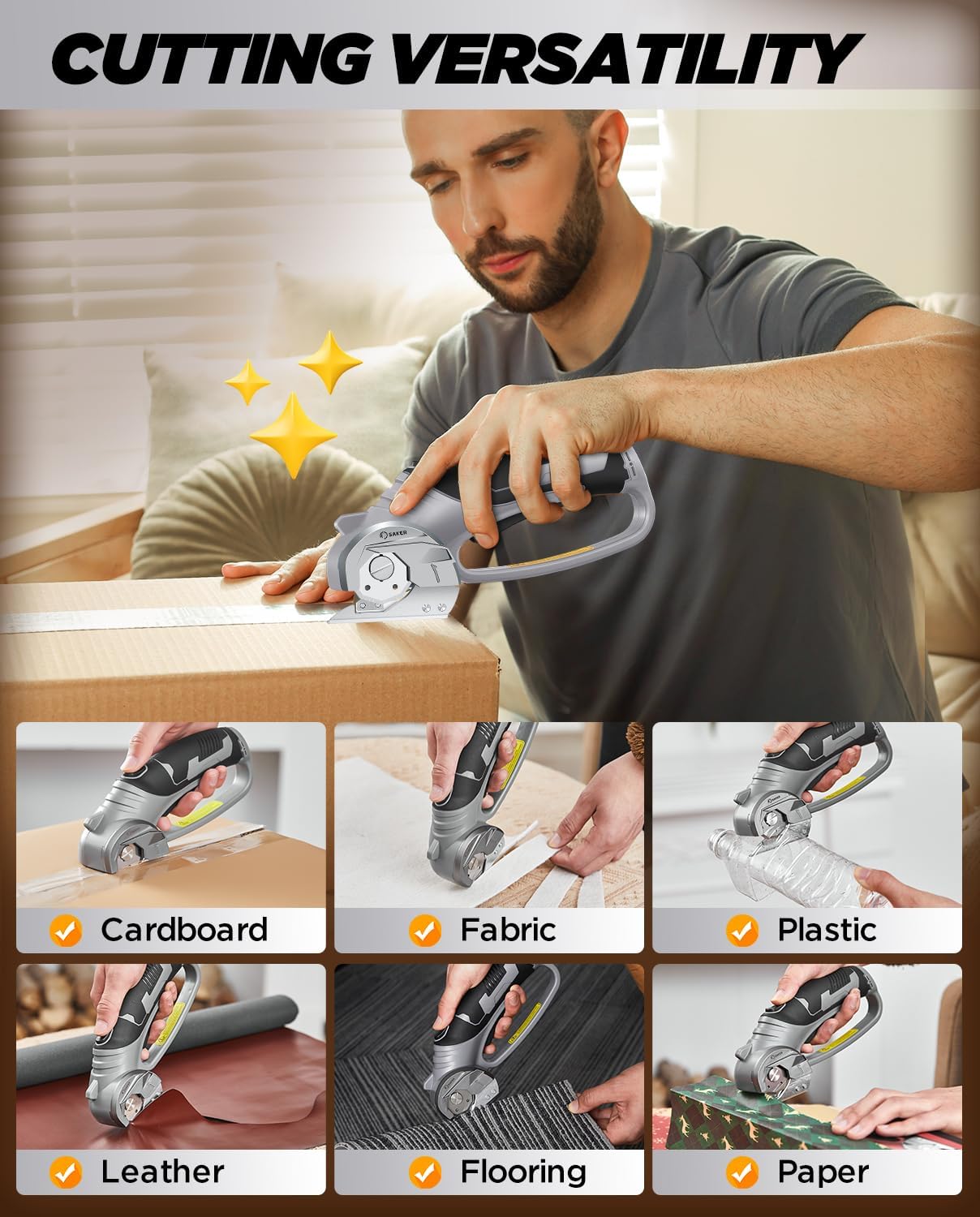 Saker Electric Box Cardboard Cutter,Cordless Elwetric Scissors for Fabric Leather Paper Plastic - Card Board Cutter Tool with 4V Recharged Battery - Safety Lock and LED Light for Cutting,Grey