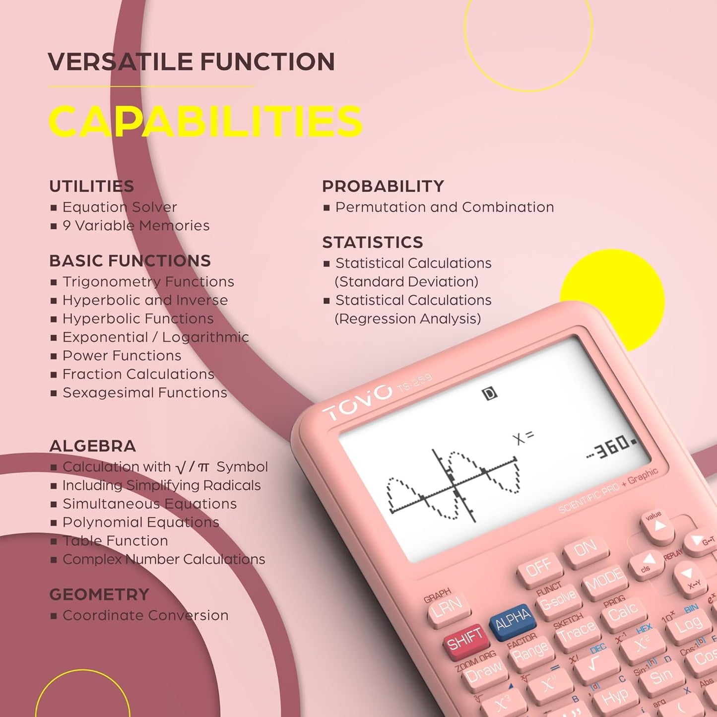TOVO Scientific Calculator with Graphing Functions, Multiple Modes, 360 Functions, Large Screen, Intuitive Interface for Beginners, High School & Advanced Courses, TS-259 (Developed by CATIGA)