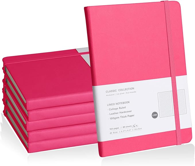 Lined Journal Notebook, 6Pack(Rose Red), 160 Pages, Medium 5.7 inches x 8 inches - 100 gsm Thick Paper, Hardcover