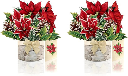 Freshcut Paper Pop Up Cards, Mini Birch Poinsettia (Set of 2), 6 Inch Mini Sized Forever Flower Bouquet 3D Popup Greeting Card, Christmas Cards, Holiday Card, Blank Notecard & Envelope