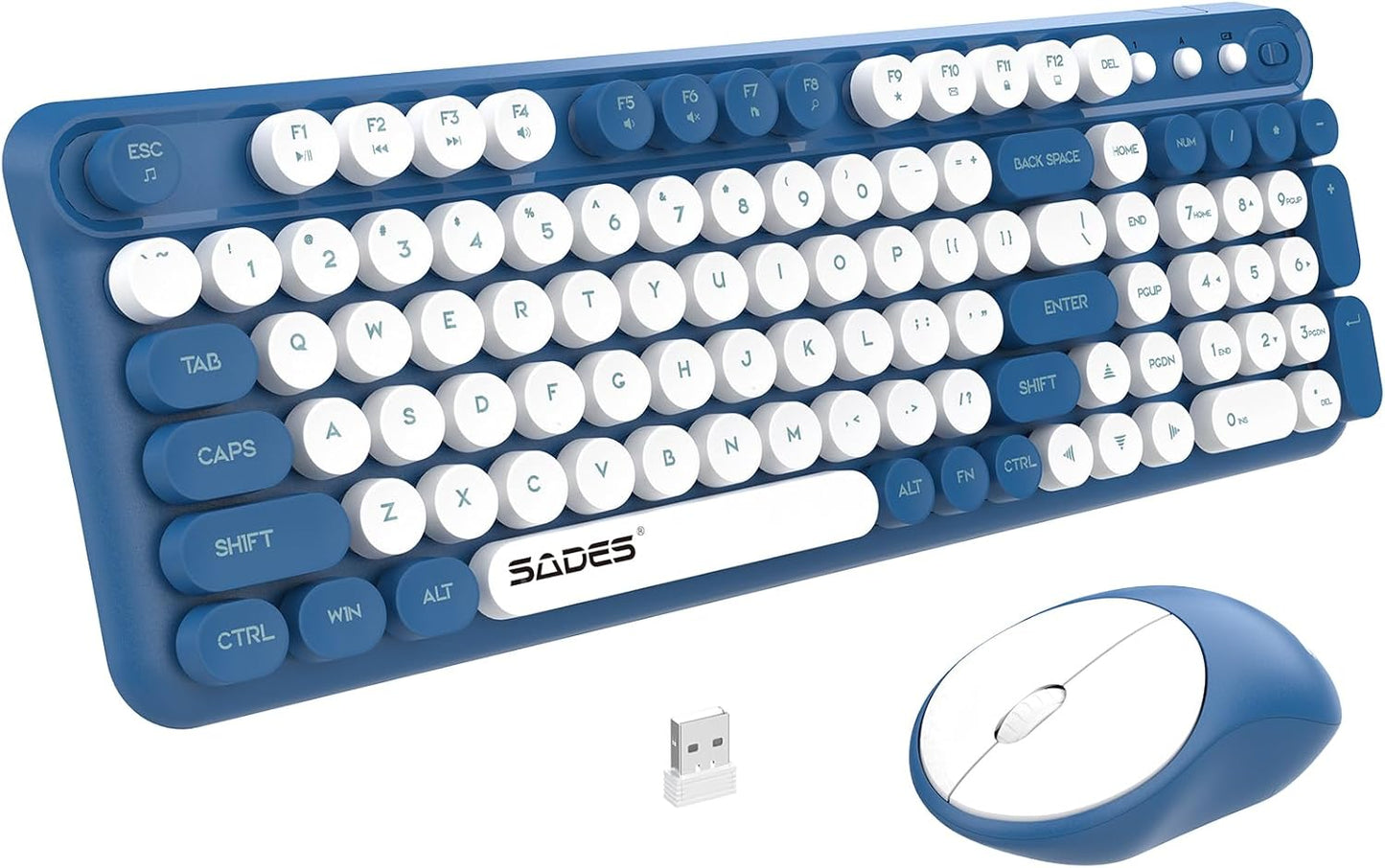 Wireless Keyboard and Mouse Combo,Retro Typewrite Keyboard and Mouse with Round Keypads,Hand-Friendly Keyboard and Mouse Wireless for Windows Laptop PC,Home Office Keyboard, White Blue