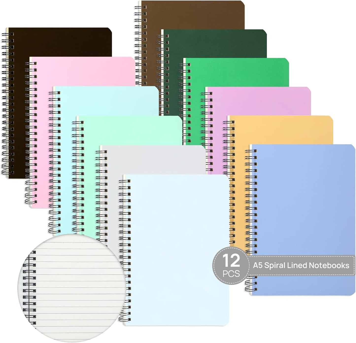 miikoul 12 Pack A5 Spiral Lined Notebooks, 8.3" X 5.5", 60 Sheets/120 Pages Wide Ruled Notebook Spiral Journals Bulk Paper Cover Notepad 12 Colors for Students Taking Class Notes Home Office Gift