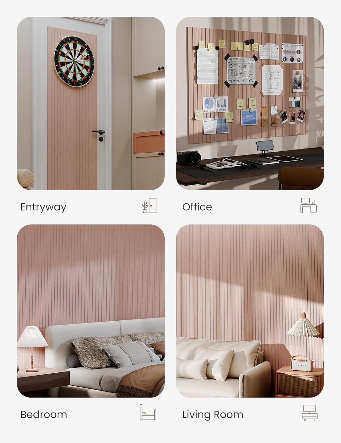 Bumusty Large Cork Board Alternative-47 x35 Felt Bulletin Board Tiles, with 30 Pushpins, 70 Adhesive Tabs, 12-Pack Slat Wall Paneling, Cork Boards for Office Push Pin Board Felt Board-Coral