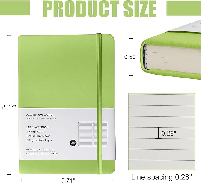 Lined Journal Notebook, (Grass Green), 160 Pages, Medium 5.7 inches x 8 inches - 100 gsm Thick Paper, Hardcover