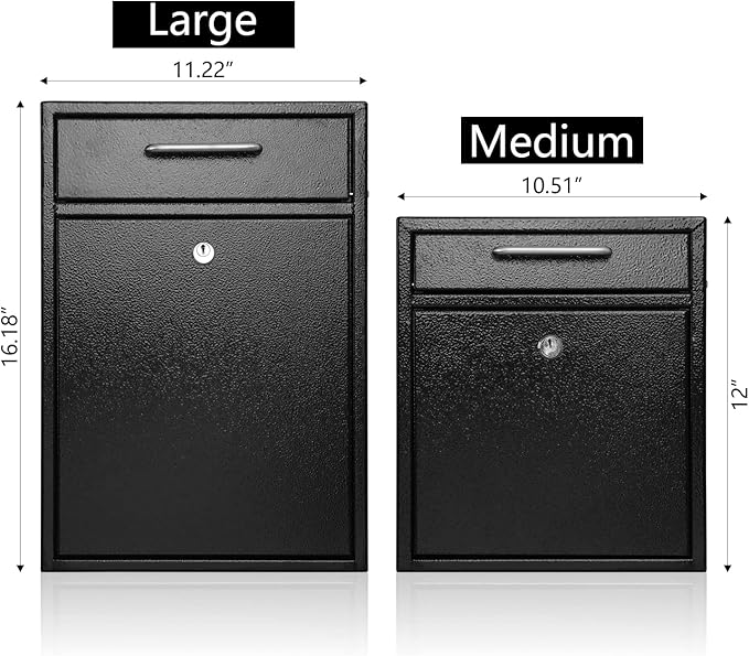 xydled Steel Mailbox Wall Mount, Medium Locking Mailbox with Key Lock, Lock Mail Boxes for Outside, Security Key Drop Box, Collection Boxes, 13.4H x 11.6L x 5.6W Inches, Black, Large