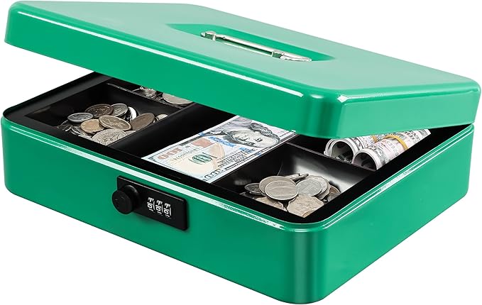 KYODOLED Metal Cash Box with Combination Lock Money Box for Cash Safe Metal Box with Money Tray for Security Lock Box 11.81"x 9.45"x 3.54" Green X Large