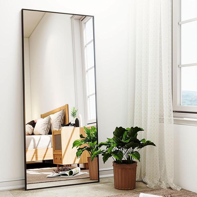 Full Length Mirror with Stand, 68"x24" Floor Mirror with Aluminum Alloy Frame, Full Body Mirrors,Free Standing or Wall-Mounted Mirrors for Living Room, Black