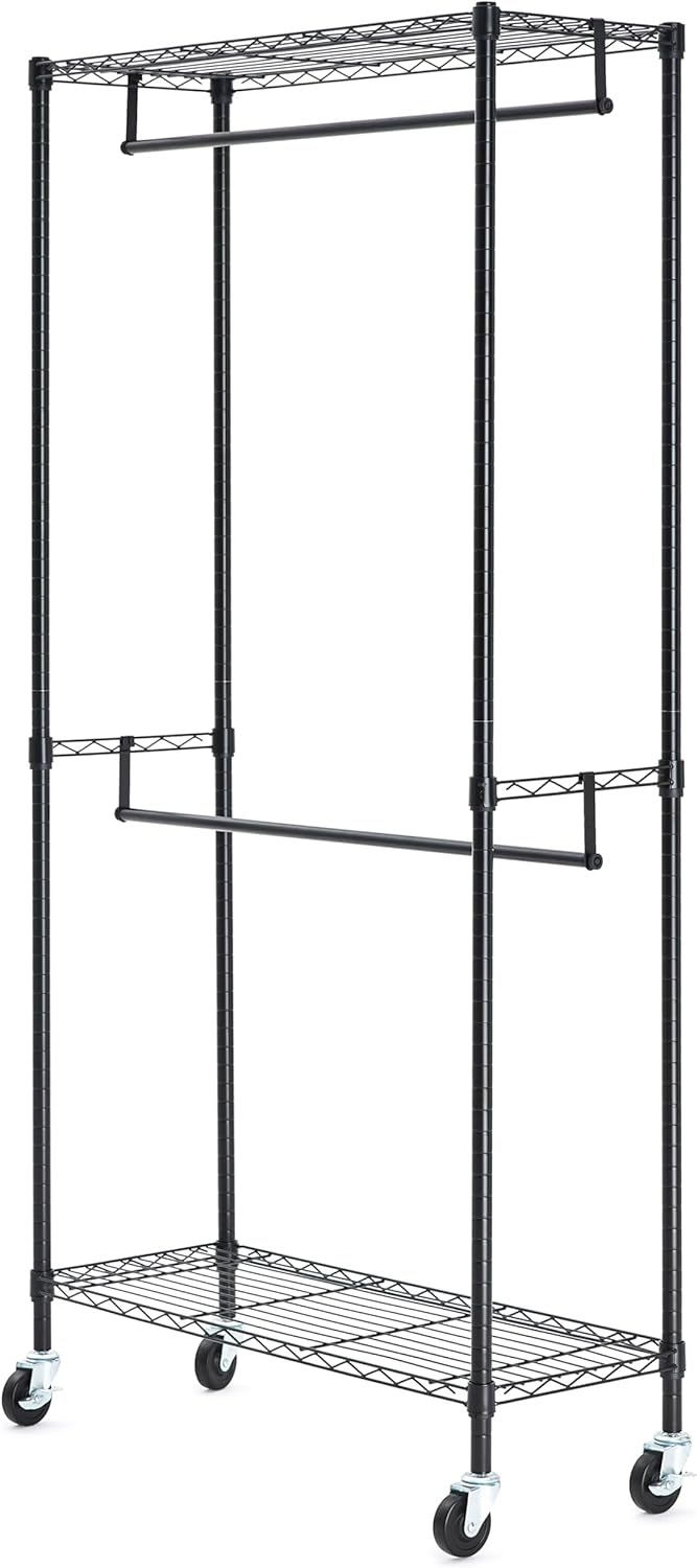 Amazon Basics Adjustable, Double Hanging Rod Garment Rolling Closet Organizer Rack with Wheels, Heavy Duty, Black, 36'' x 14'' x 72'', WI-GAR1436B