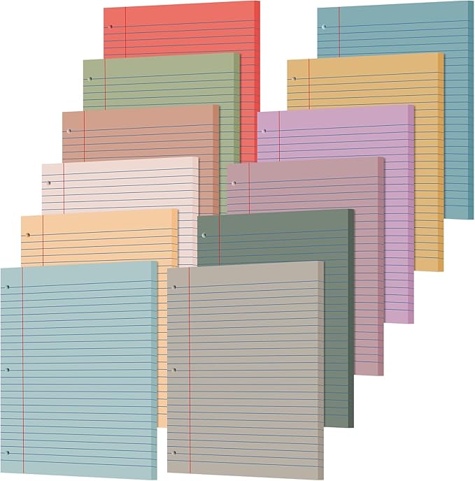 PerKoop 12 Pack 600 Sheets Colored Lined Paper Bulk Wide Ruled 8 x 10.5 Inches, Pastel Loose Leaf Notebook Paper 3 Hole Punched Filler for Back School Classroom Supplies(Retro Color)