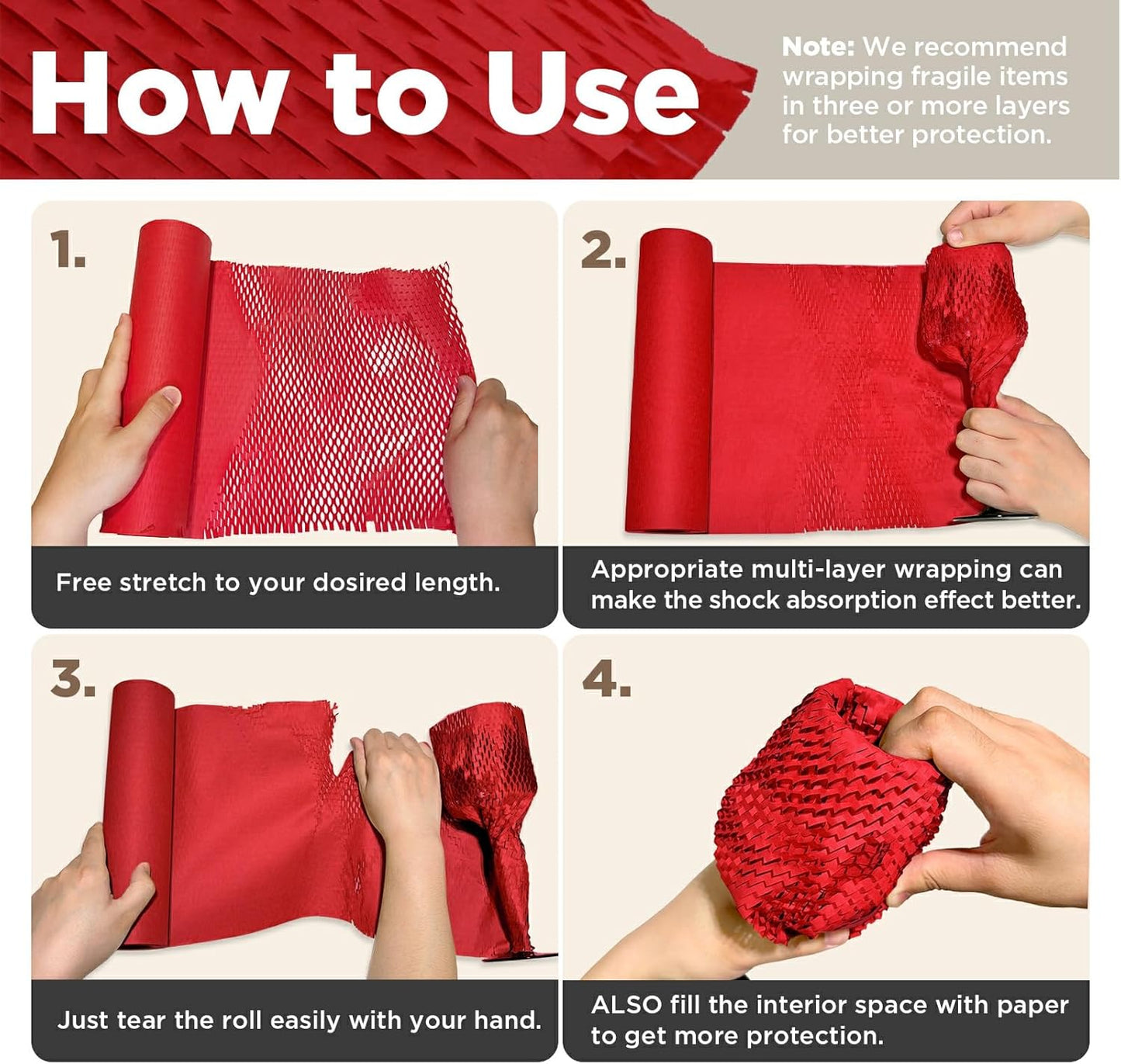 Honeycomb Packing Paper, 12"x400' Red | Perforated Honeycomb Packing Paper Recyclable Moving Supplies for Shipping & Moving | Plastic-Free Alternative to Bubble Cushion Wrap with 36 Fragile Stickers