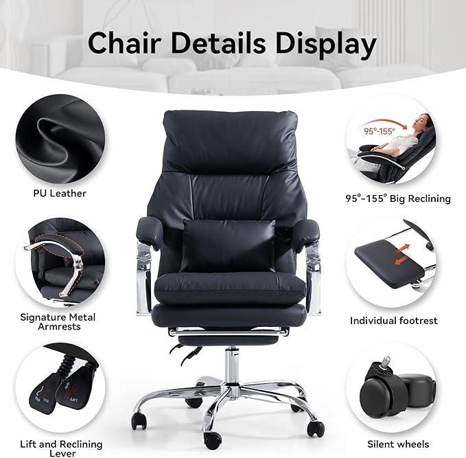 LEAGOO Reclining Office Chair with Foot Rest, Executive Office Chairs with Arms, Ergonomic High Back PU Leather Comfy Swivel Computer Desk Chairs with Wheels and Lumbar Support for Home Office, Black