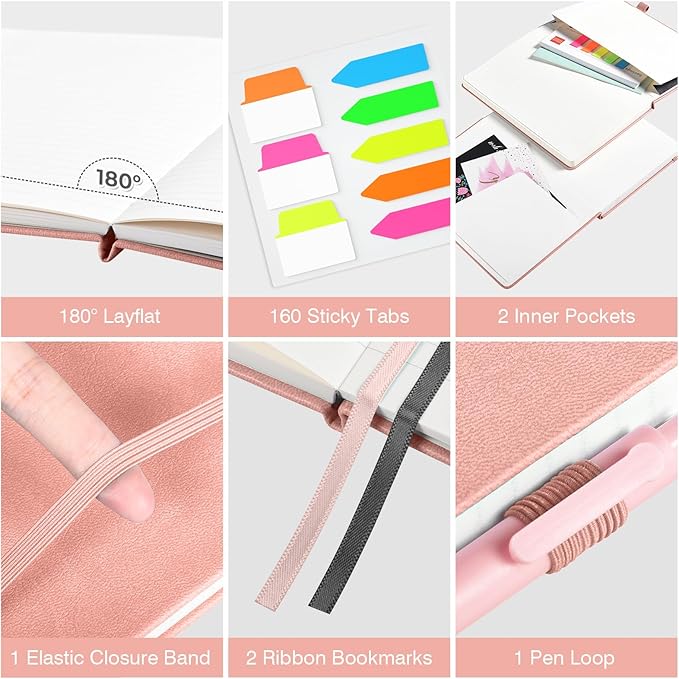 Lined Journal Notebook, 3 Pack A5 College Ruled Notebooks for Work, Hardcover Notebook Each with 2 Pockets & Pen, Leather Journal for Women, Men, 160 Pages, 100GSM Thick Paper (Sky Blue, Pink, Ivory)